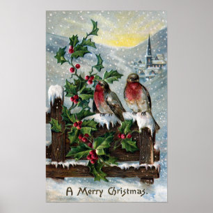 Engelska Robins på jul för en staketantikvitet Poster