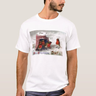 Engelska Robins under blomkrukavintagejul T-shirt
