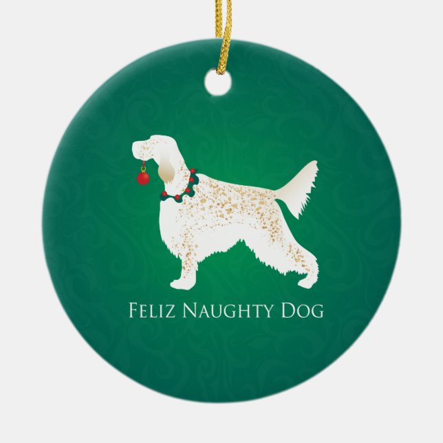 Engelska Setter Feliz Naughty Hund jul Julgransprydnad Keramik (Framsidan)