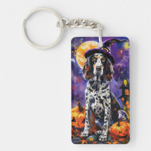 Engelska Setter Hund Halloween Witch och Pumpkin