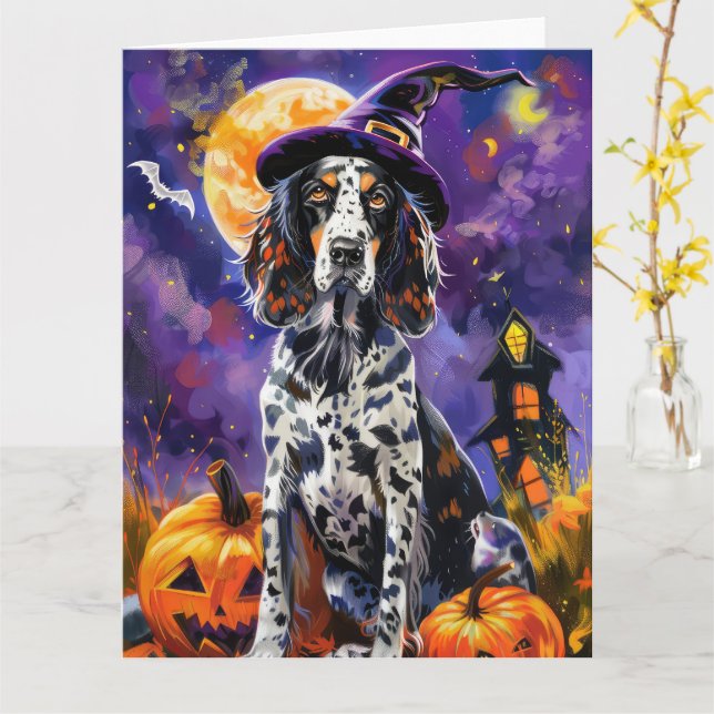 Engelska Setter Hund Halloween Witch och Pumpkin Kort (Gul blomma)