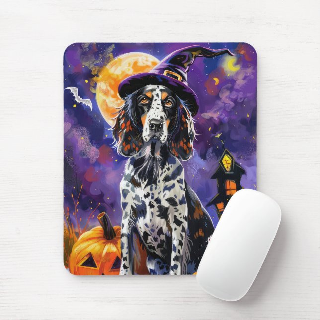 Engelska Setter Hund Halloween Witch och Pumpkin Musmatta (Med mus)