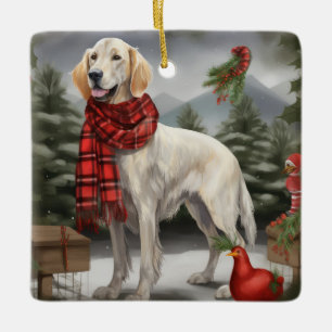 Engelska Setter Hund i Snö jul Julgransprydnad Keramik