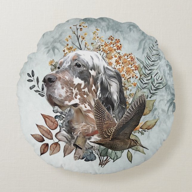 Engelska setter , Woodcock Hunting , Art Rund Kudde (Framsidan)