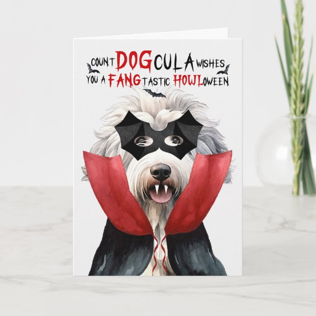 Engelska Sheepdog Funny Count DOGcula Halloween Helgkort (Framsida)