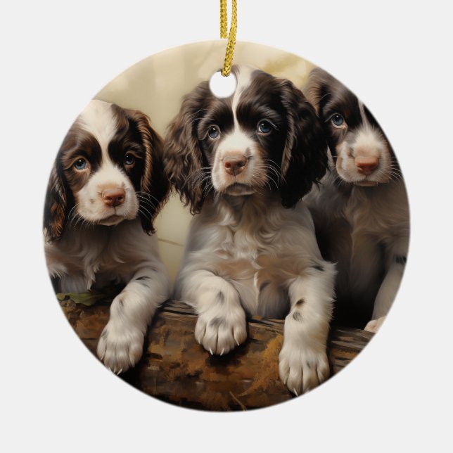 Engelska spaniel-valpar julgransprydnad keramik (Framsidan)