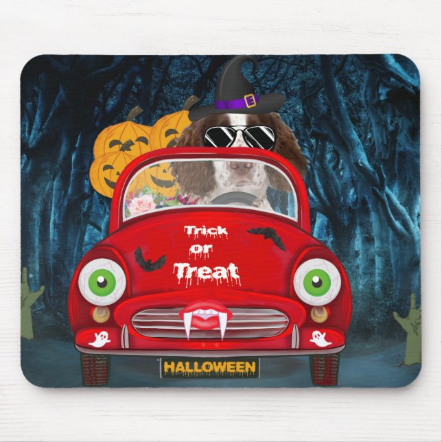 Engelska Springer Spain hund Car Scary Halloween Musmatta (Framsidan)