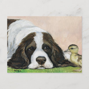 Engelska Springer Spanel och Duckling Art Postcard Vykort