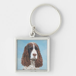 Engelska Springer spanel Painting Original Hund Ar Fyrkantig Silverfärgad Nyckelring