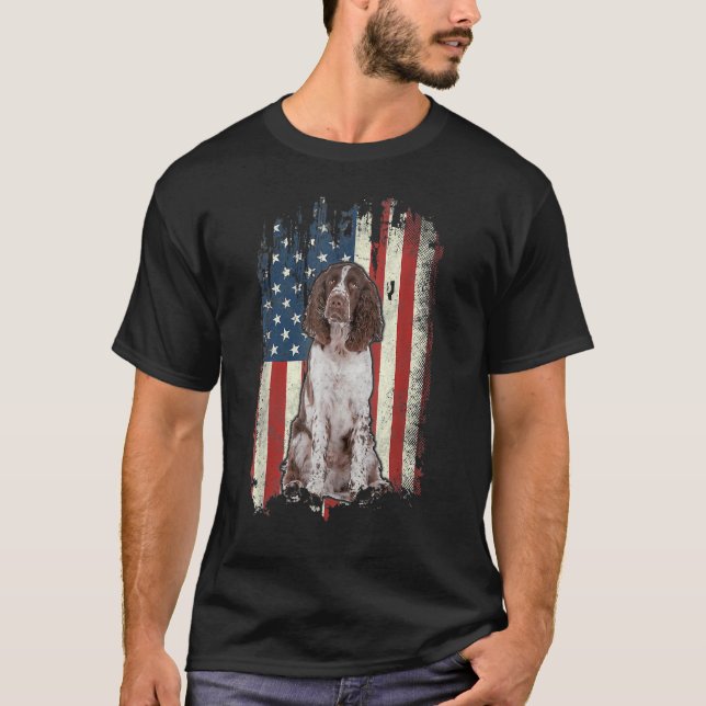 Engelska Springer spanjoren American Flagga Hund M T Shirt (Framsida)