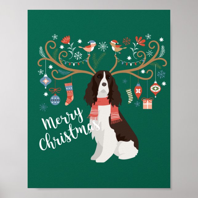 Engelska Springer Spansk julfritid Reindeer Hund Poster (Framsidan)