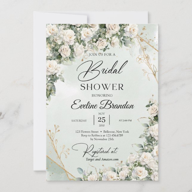 Engelska vit ros eucalyptus greenery och guld inbjudningar (Framsida)