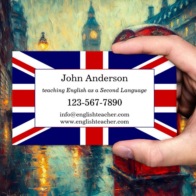 Engelskspråklig lärares visitkort (Business card for a teacher of the English language with the British flag)