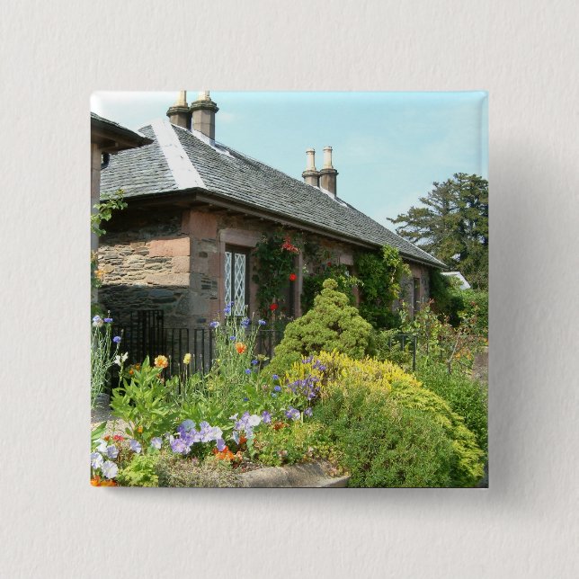 Engelskt Cottage II med blomsterträdgårdsfotografe Knapp (Framsida)