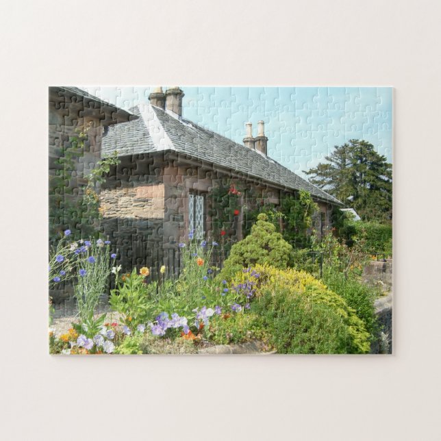 Engelskt Cottage II med blomsterträdgårdsfotografe Pussel (Horisontell)