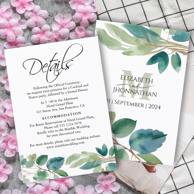 Engeny Eucalyptus Watercolor Details Monogram Tilläggskort (Skapare uppladdad)