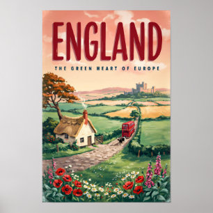 England Landsbygd Illustration Resa Konst Retro Poster