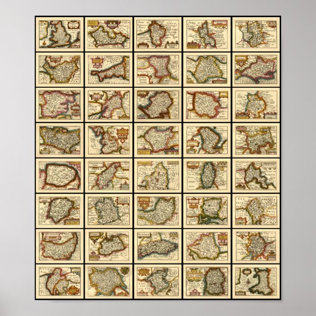 England, Wales och All English County Kartor Poster (Framsidan)