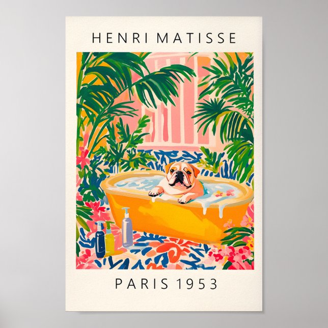 English Bulldog Art Print, Blommigt Bathroom Print Poster (Framsidan)