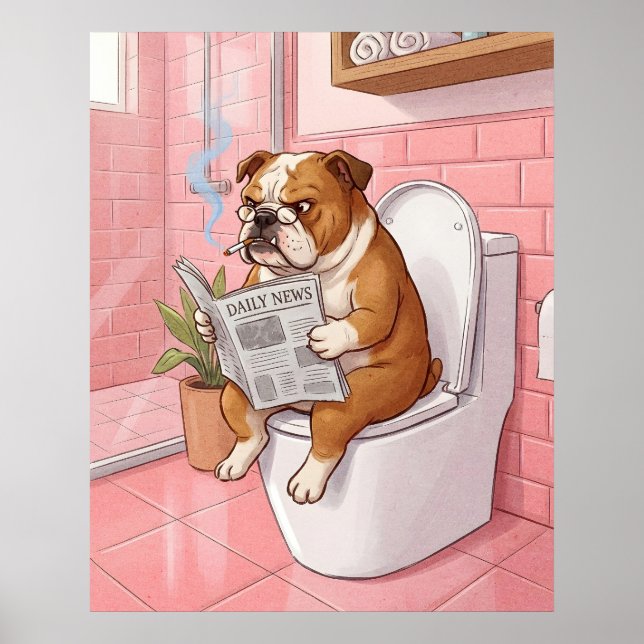 English Bulldog Bathroom Poster Wall Art Print (Framsidan)