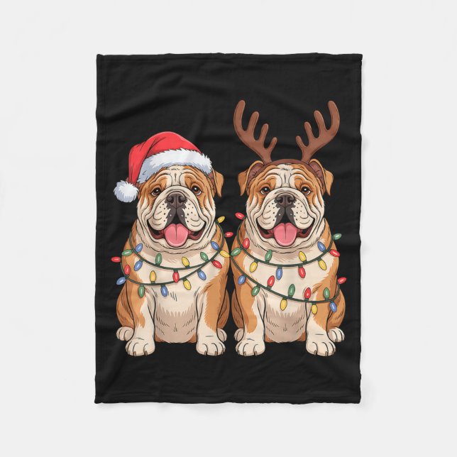 English Bulldog Christmas Santa Hat Reindeer Light Fleecefilt (Framsidan)
