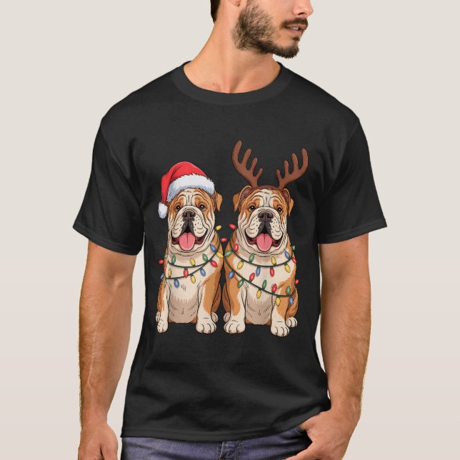 English Bulldog Christmas Santa Hat Reindeer Light T Shirt (Framsida)
