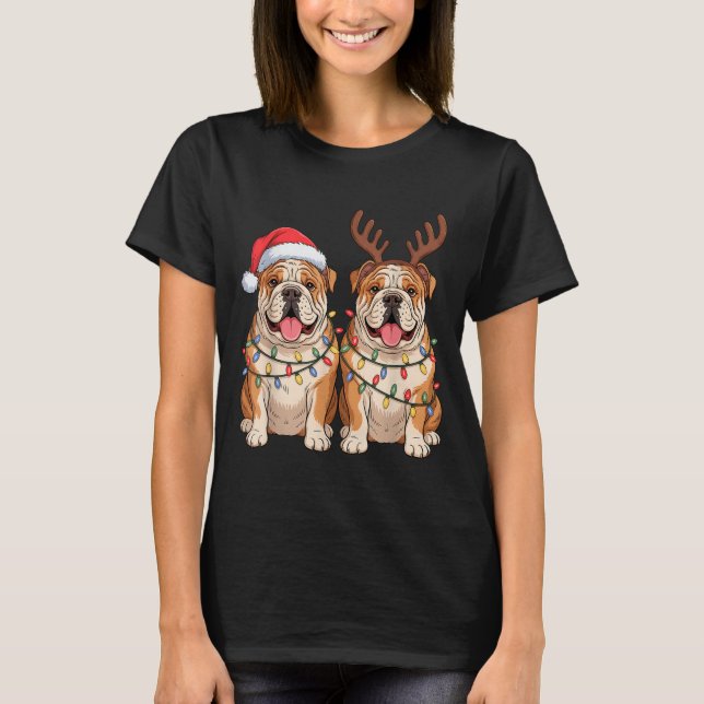 English Bulldog Christmas Santa Hat Reindeer Light T Shirt (Framsida)