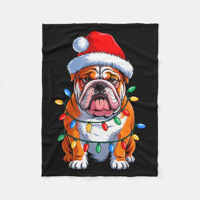 English Bulldog Dog Christmas Lights Santa Hat Xma Fleecefilt (Framsidan)