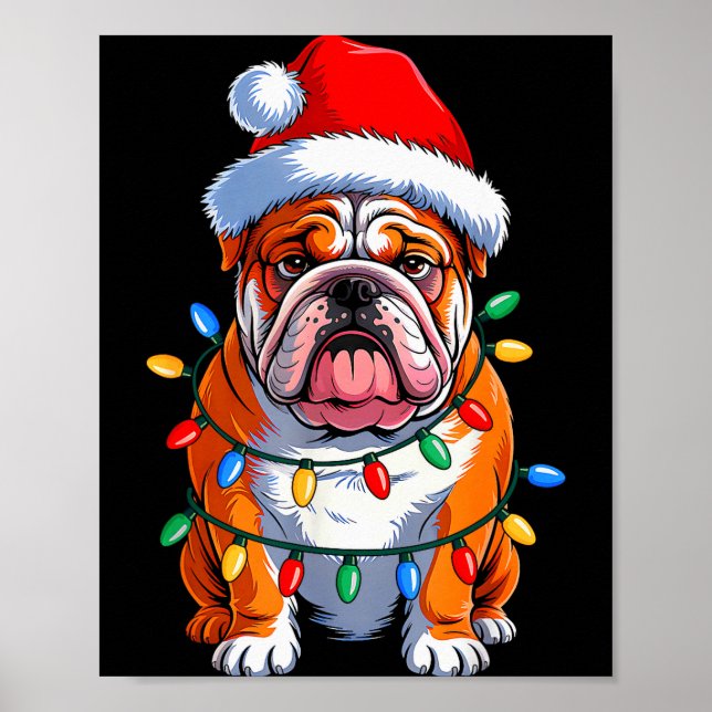 English Bulldog Dog Christmas Lights Santa Hat Xma Poster (Framsidan)