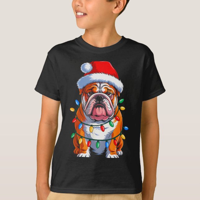 English Bulldog Dog Christmas Lights Santa Hat Xma T Shirt (Framsida)