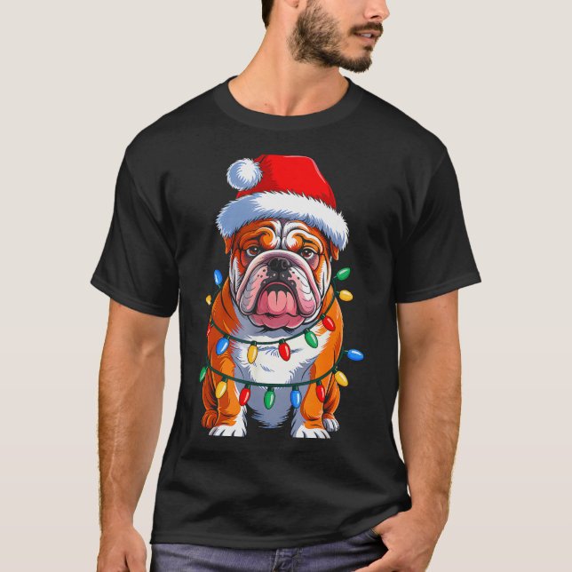 English Bulldog Dog Christmas Lights Santa Hat Xma T Shirt (Framsida)