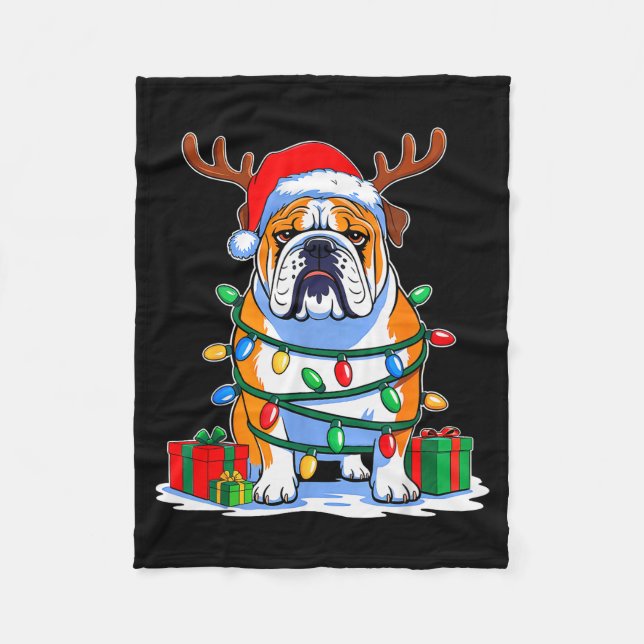English Bulldog Dog Tree Christmas Lights Funny Xm Fleecefilt (Framsidan)