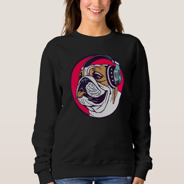 English Bulldog Dog With Headphones  Music Fan Ret T Shirt (Framsida)