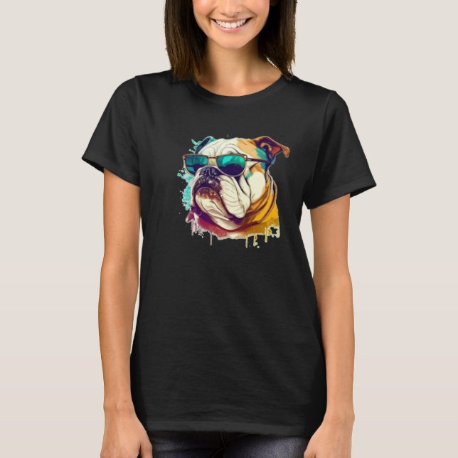 English Bulldog Face with Sunglasses T Shirt (Framsida)