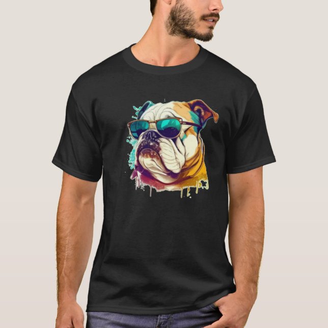 English Bulldog Face with Sunglasses T Shirt (Framsida)