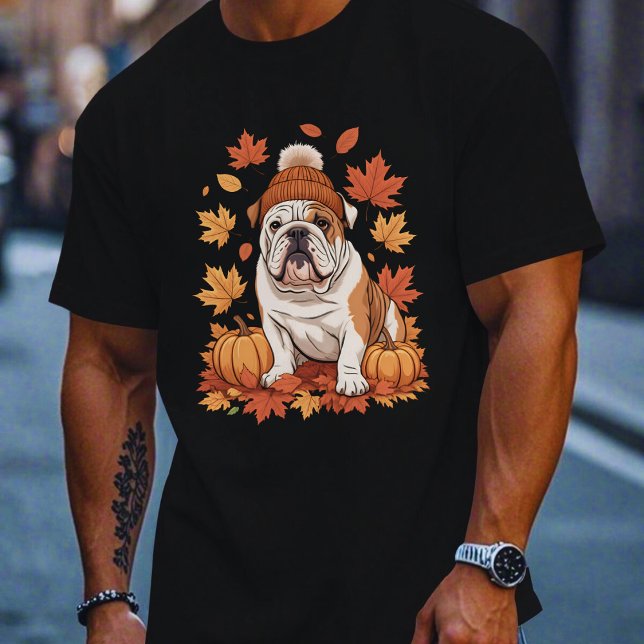 English Bulldog Fall Scarf Autumn Leaves Dog Lover T Shirt (Skapare uppladdad)