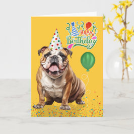 English Bulldog Party Hat Yellow Birthday Kort