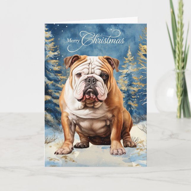 English Bulldog Pine Winter Forest Christmas Helgkort (Framsida)