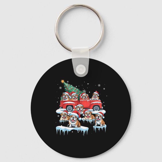 English Bulldog Riding Red Truck Ugly Sweater Chri Nyckelring (Framsida)