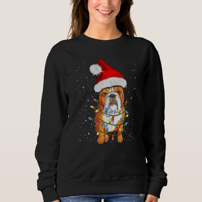 English Bulldog Santa Christmas Tree Lights Xmas   T Shirt (Framsida)