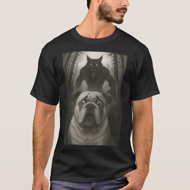 English Bulldog Selfie With Werewolf Funny  T Shirt (Framsida)