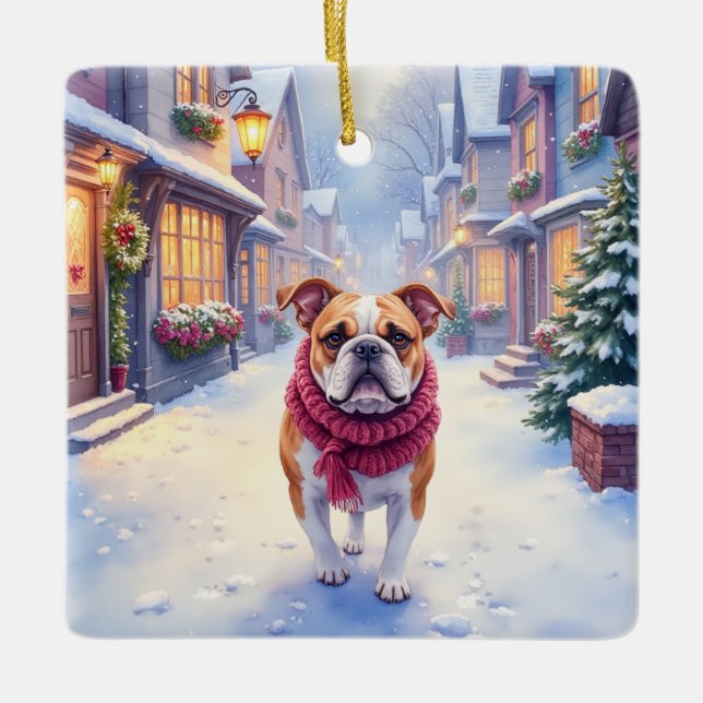 English Bulldog Snowy Christmas Village Holiday Julgransprydnad Keramik (Framsida)