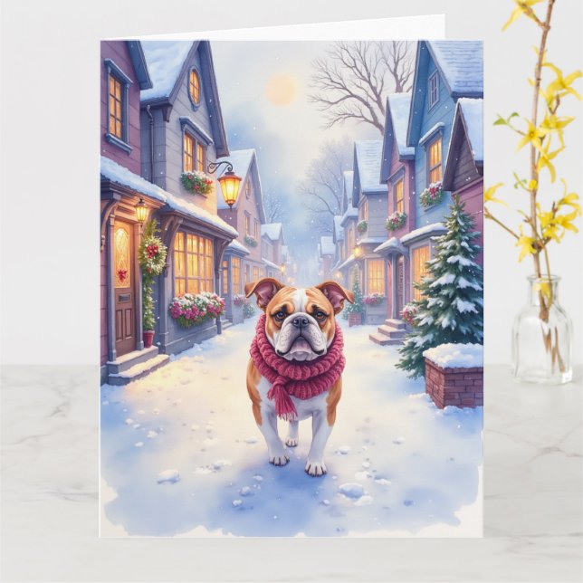 English Bulldog Snowy Christmas Village Holiday Kort (Gul blomma)