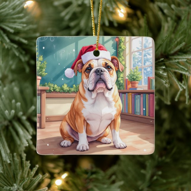 English Bulldog Teacher Classroom Santa Hat Julgransprydnad Keramik (Träd)