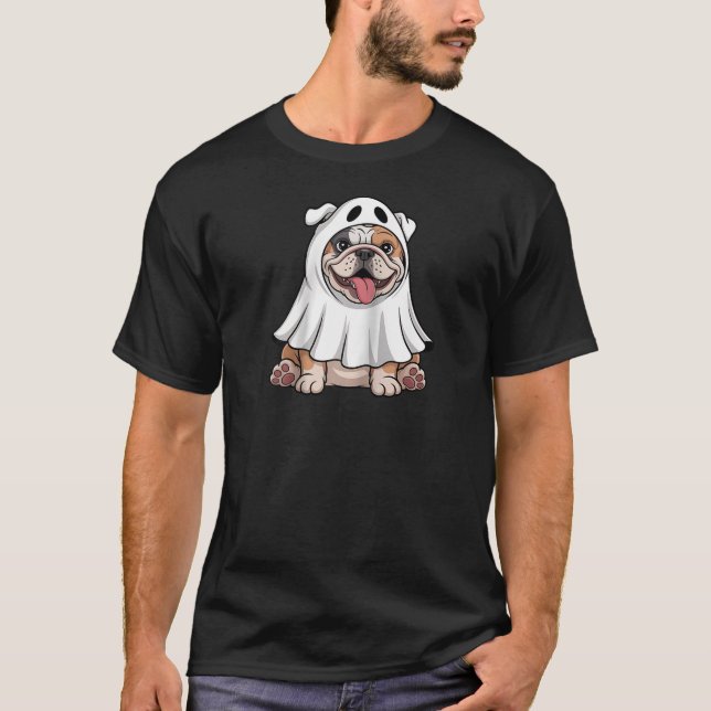 English Bulldog Wearing A White Ghost Costume Dog  T Shirt (Framsida)
