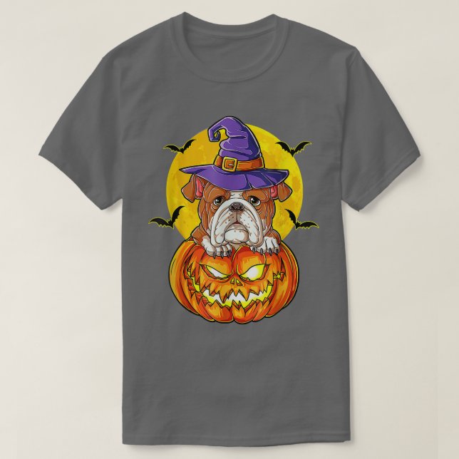 English Bulldog Witch Pumpkin Halloween Girls Wome T Shirt (Design framsida)