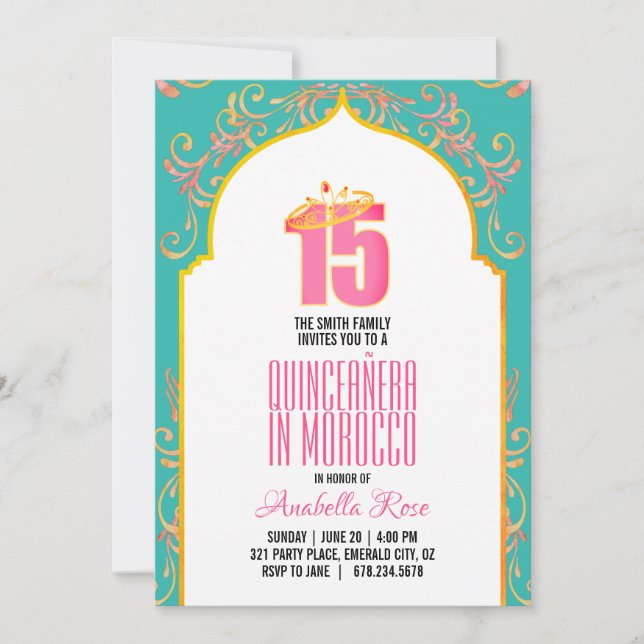 ENGLISH morocco QUINCEAÑERA arabiska nätter ROSA A Inbjudningar (Framsida)