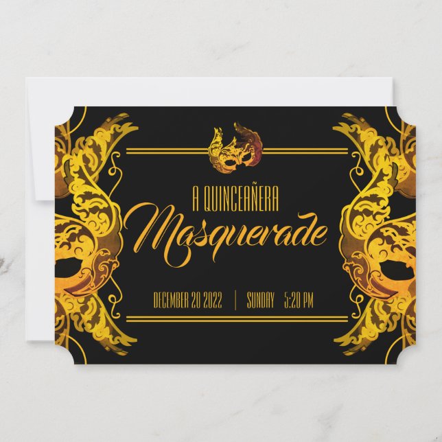 ENGLISH quinceañera MASQUERADE guld biljett Inbjudningar (Baksida)