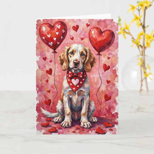 English Setter Valentine’s Day Dog with Hearts Red Kort (Gul blomma)
