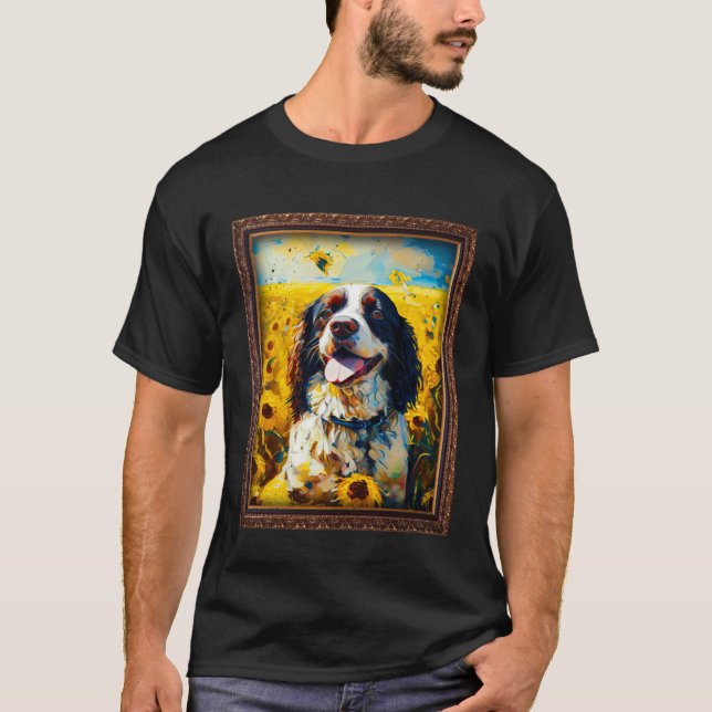 English Springer Spaniel Painting Sunflower Flower T Shirt (Framsida)